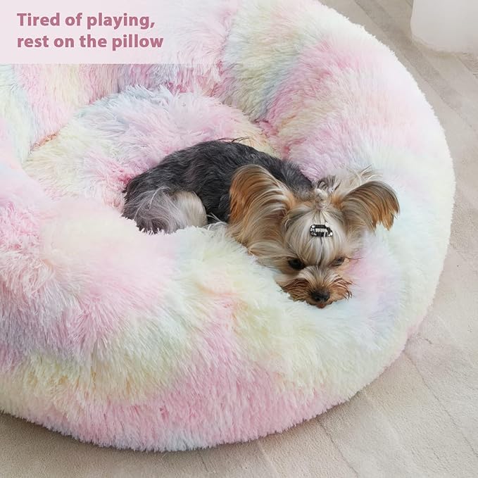 WNPETHOME Donut Dog Beds Large Sized Dog,Anti-Anxiety Caming Large Pet Bed,Fluffy Faux Fur Plush Puppy Bed,Warming Cozy Soft Round Bed for Pet, Cat Cuddler Cushion