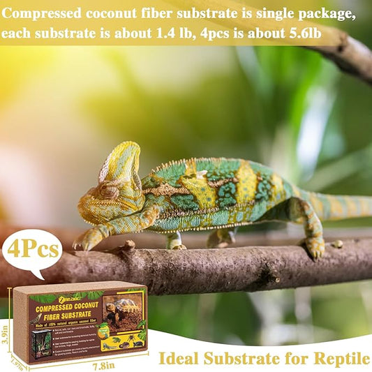 ZeeDix 4 Pack Coconut Fiber Substrate, 100% Organic Coconut Husk Coco Coir Brick Terrarium Bedding for Reptiles, Tortoise, Bearded Dragon, Leopard Gecko, Snake, Hermit Crabs, Frogs, Tarantula
