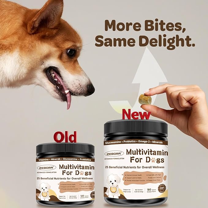ZEBORA Dog Multivitamin with Probiotics - Dog Vitamins and Supplements - Multivitamin for Dogs with Glucosamine, Omega 3 and Probiotics for Dogs Digestion, Immunity, Joint, Skin and Coat - 180ct