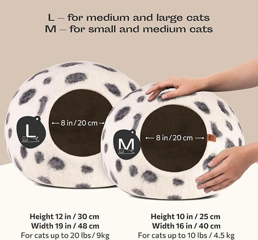 MEOWFIA Cat Cave – Premium Felt Cat Bed for Indoor Cats, Handmade 100% Merino Wool, Cat (Medium, Snow Leopard)