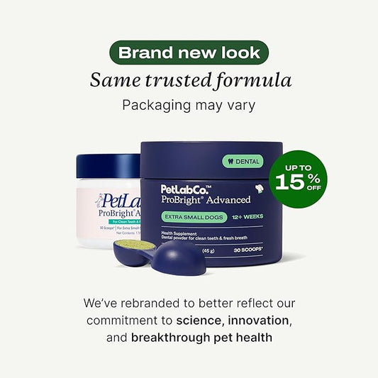 PetLab Co. ProBright Advanced Dental Powder - Dog Breath Freshener - Teeth Cleaning Made Easy – Targets Tartar & Bad Breath - Packaging May Vary - Formulated for Extra Small Dogs