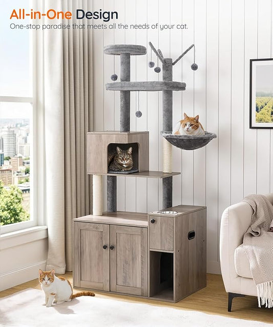 HOOBRO Cat Tree with Litter Box Enclosure, 68.9" H Cat Tower with Food Bowl and Storage, Hidden Litter Enclosure Furniture, All-in-One Modern Cat Condo, with House, Hammock and Perch, Greige BG80MZ03