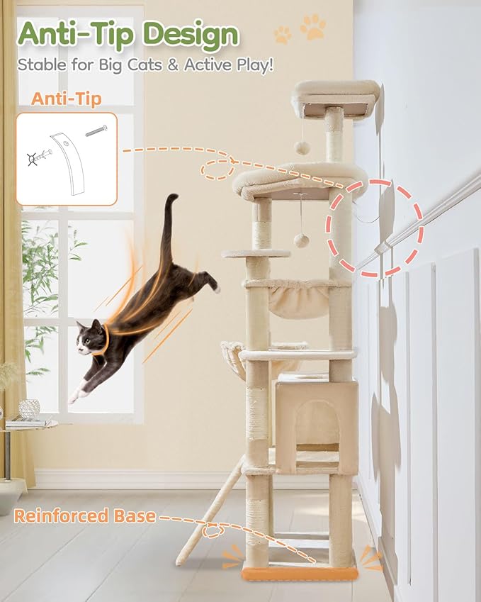 Taoqimiao 72 Inches Cat Tree for Large Cats, Multi-Level Tall Cat Tower, Widened Cat Condo with Large Scratch Board, 5 Scratching Posts, Metal Hammcock, Cozy Basket, Beige, MS045M