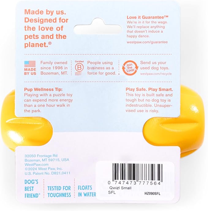 West Paw Qwizl Treat Dispensing Dog Toy for Tough Chewers- Durable Long Lasting Chew and Fetch Toy Keeps Dogs Engaged- Dishwasher Safe Safe Materials Made in USA - Sunflower Yellow, Small