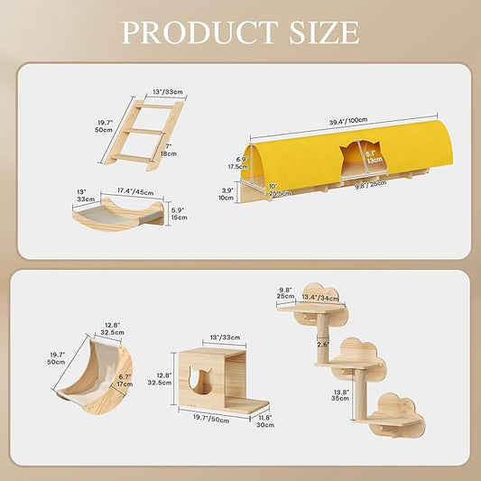 Cat Wall Shelves, 13-in-1 Solid Wood Wall-Mounted Cats Furniture Set with Scratching Post, Cat Climbing Wall Systems with 40''L Tunnel, Steps, Condos, House, Ladder, Cats Shelf Furniture