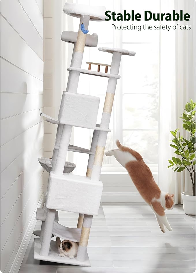 79in Tall Cat Tower for Heavy Duty Big Cats, Large Cat Tree with Scratching Post, Plush Perches, Cozy Cat Condos & Hanging Hammocks for Maine Coon, White