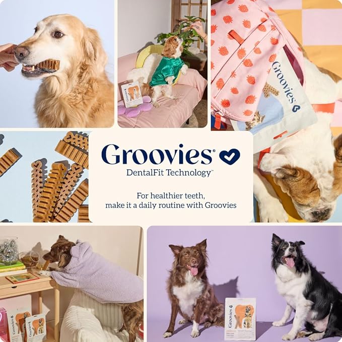 Groovies Flexible, Yet Moderately Tough Daily Dog Dental Chews. Powered by USA-Patented DentalFit Technology. No Added Gluten, No Artificial Flavors or Colors. Original 6oz XLarge (4Chews)