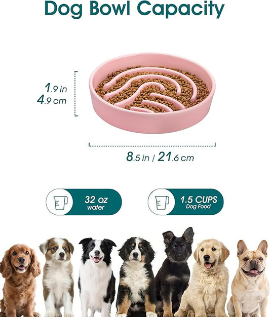 vancasso Slow Feeder Dog Bowl, 1.5 Cup Ceramic Slow Feeding Food Dish for Small and Medium Breed, Puzzle Dog Food Bowl for Fast Eater, Pink