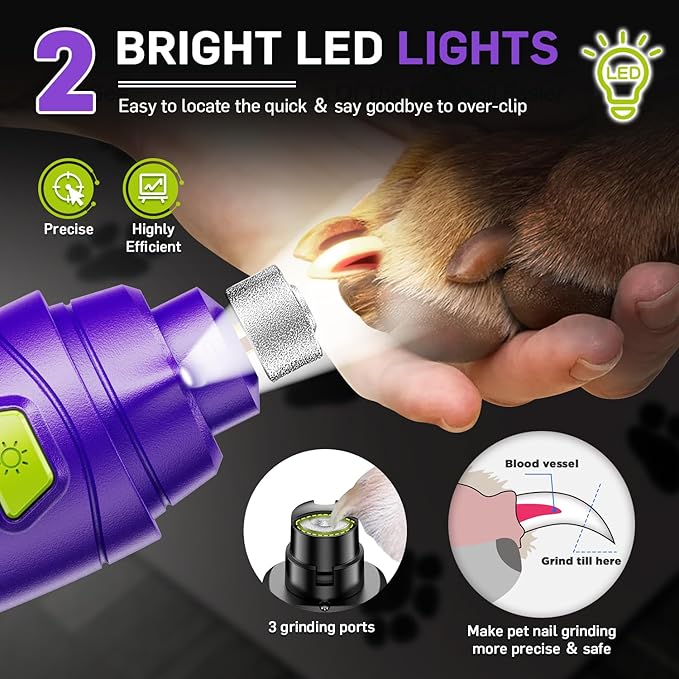 Dog Nail Grinder & Clipper 2-in-1 Set - 25dB Ultra Quiet with 3 Grinding Wheels & 2 LED Lights, Rechargeable for Large/Puppy Dogs & Cats, 3-Speed Adjustable for Anxious Pets