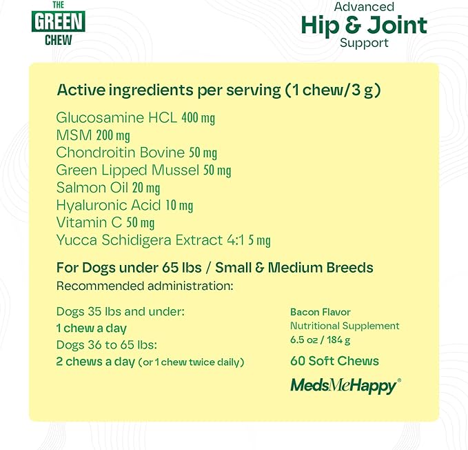 MedsMeHappy Hip & Joint Supplement for Dogs - Bacon Flavor Soft Chews - Mobility & Flexibility Support - MSM, Chondroitin, Glucosamine for Dogs - 60 Count, Dog Glucosamine for Small & Medium Breeds