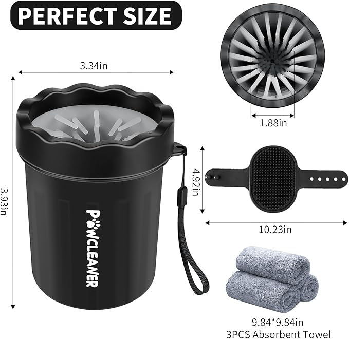 Professional 7 in 1 Dog Paw Cleaner for Dogs & Cats - Includes 1 Portable Paw Washer, 1 Bath Brush, 2 Dog Toothbrushes and 3 Absorbent Towels Note: Fits Paws up to 2 Inches Wide (Small, Black)