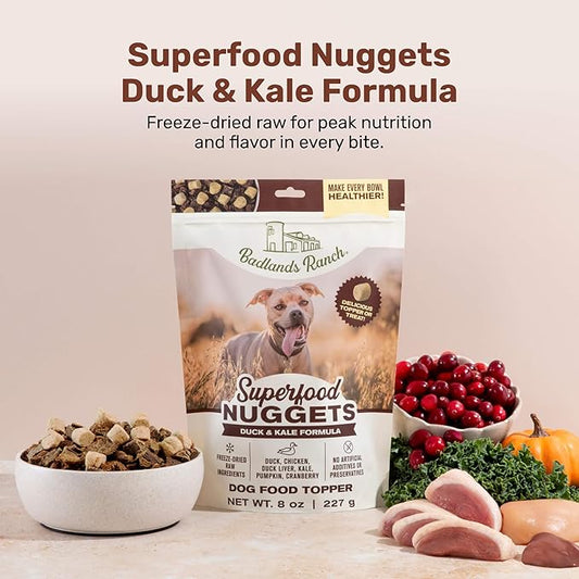 BADLANDS RANCH Superfood Nuggets – Freeze-Dried Raw Dog Treat & Food Topper, Nutrient-Dense Duck & Kale Formula, High Protein, No Artificial Additives, 8oz Bags (4-Pack Bundle)