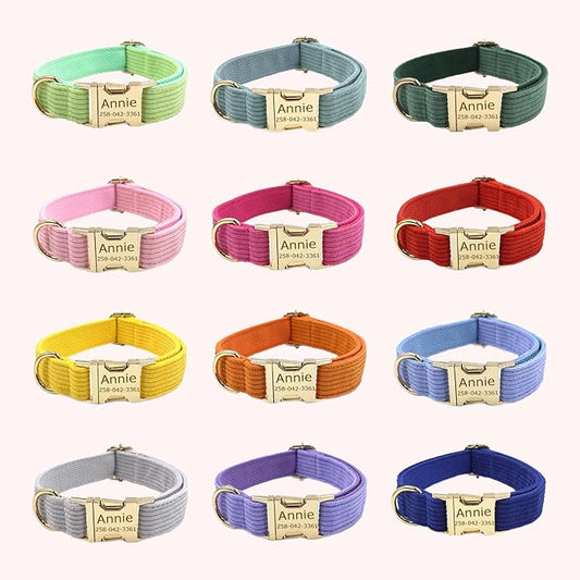 Custom Personalized Dog Collars with Pet Name/Phone Number Engraved Gold Metal Buckle - Adjustable Sizes Soft Stripe Velvet Collar for Small Medium Large Dogs - Dog Leash and Bow Tie Available