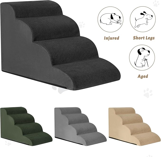 Dog Steps for Bed, 4-Step Dog Stairs Ramp for Small Dogs and Cats, Indoor Non-Slip Pet Stairs Suitable for Older, Short-Legged, and Puppy Dogs to Climb Onto High Beds and Couch, 17.4" H,Black