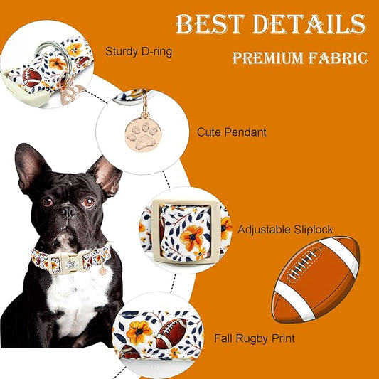 Elegant little tail Fall Dog Collar, Rugby with Flower Print Autumn Pet Collars Dog Cotton Soft Sturdy Puppy Collars Holiday Female Adjustable Collar for X-Small Dogs