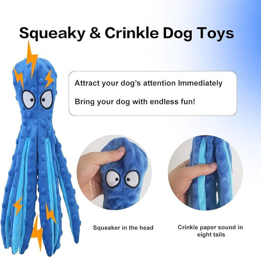 Octopus Squeaky Plush Dog Toys - No Stuffing, Crinkle, Durable for Puppy Teething, Small to Large Dogs, 2 Pack