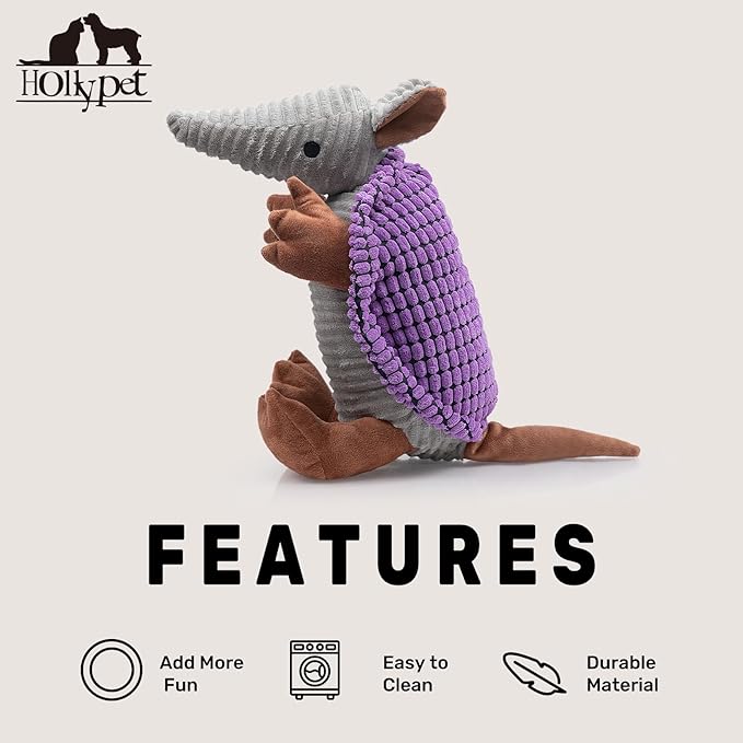 Hollypet Plush Dog Squeaky Toy Stuffed Armadillo Animal Pet Puppy Chew Toys with Clean Teeth for Small Medium Large All Breed Sizes Dogs, Purple, 14 in