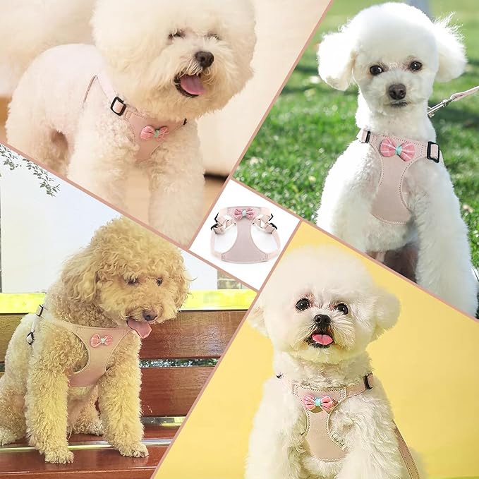 Dog Harness with Leash and Bow Tie, Cute Breathable Puppy Harness Easy for Walking, No Pull No Choke Escape Proof Pet Harness, Sakura Pink M