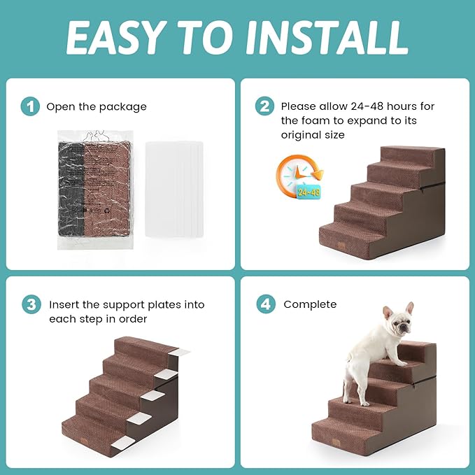 Dog Stairs for Small Dogs, 5 Tier Removable Wider Pet Stairs for Couch and Bed, 23.6" H Non-Slip Dog Steps for Puppies and Old Cats with Support Board, 19.7x29.5x23.6 inch, Brown