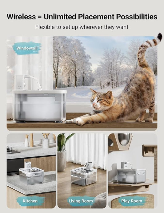 DownyPaws Battery Operated Cat Water Fountain Stainless Steel, 84oz/2.5L Fursink Wireless Pet Water Fountain for Cats Inside, Automatic Dog Water Dispenser with Faucet, Quiet Pump, BPA-Free, White