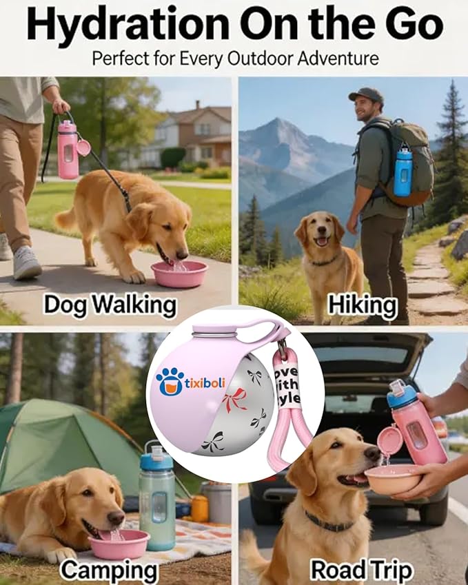 Dog Water Bottle with Bowl, 2 in 1 10oz Stainless Steel Small Portable Dog Water Bottle Cup Dispenser no Spill, Convenient Companion Cup for Pets Walking Hiking Travel(2PCS-C)
