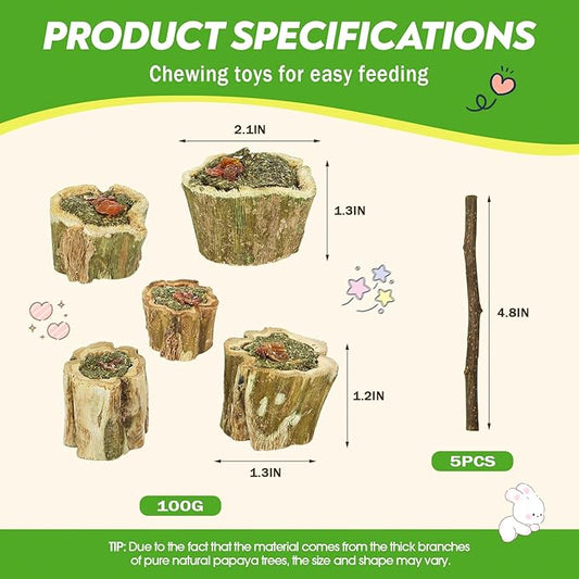 Ilofdsn 3.5oz Rabbit Chew Toys for Teeth,Bunny Papaya Wood Chew Toys Guinea Pig Treats with Apple Stick for Rabbits Guinea Pigs Hamsters Chinchillas Gerbils Prevent Teeth Overgrowth (3.5 oz, Fruit)