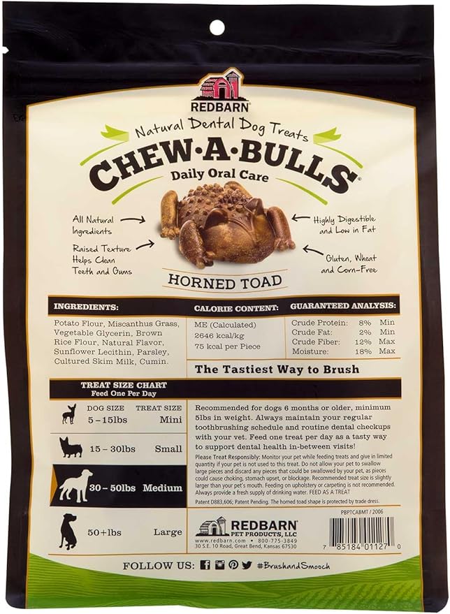 Redbarn Chew-A-Bulls, 12 Pack – Medium Toad Shape Dog Dental Treats – Daily Oral Care with Fun Ridges & Grooves, All Natural Ingredients, Highly Digestible Chews & Low in Fat