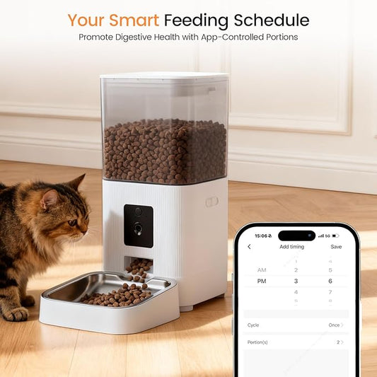 Joy Pebble Automatic Cat Feeder, 5G WiFi Automatic Dog Food Dispenser with Night Vision, 2-Way Audio for Cat & Dog, Low Food & Motion & Sound Alerts, Detachable for Easy Clean