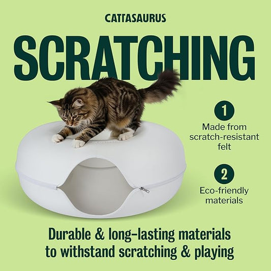 Cattasaurus Peekaboo Cat Cave, Extra Spacious for Multiple & Large Cats 15+ lbs, Scratch Detachable Cat Beds for Indoor Cats, Washable Tunnel Bed, Comfy Donut Tunnel (White, Jumbo)