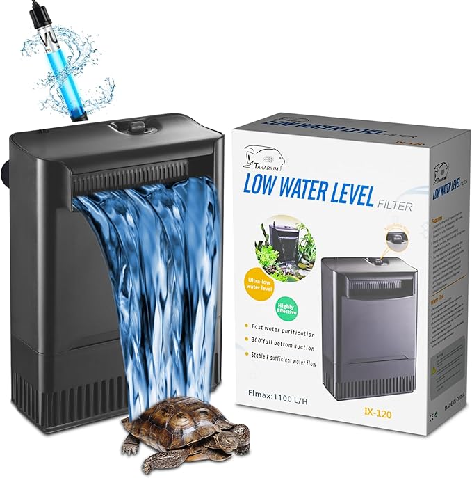 Turtle Tank Filter w/ U-V Light for Large 40-150 Gal Tank 4-Stage Flow Adjustable Low Water Level Internal Deodorization Green Clean Machine Killing Cloudy Saltwater Freshwater Aquarium Crystal Clear