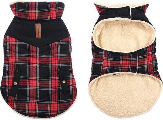 Winter Coat for Small and Medium Dogs, Puppy Plaid Jacket, Cotton Coat for Cold Weather, Windproof Warm Dog Garments, Pet Thickened Outfits Indoor Outdoor, Red S