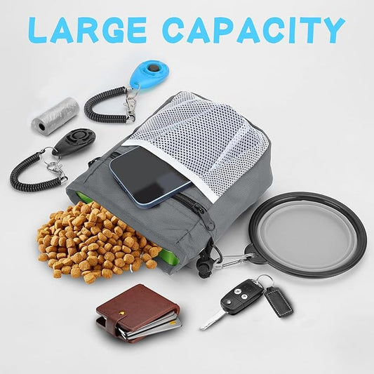 Dog Treat Pouch, 3 Ways to Wear Treat Pouches for Pet Training, Dog Training Treat Pouch with Waist Belt Shoulder Strap, Poop Bag, Collapsible Bowl, Dog Training Clicker