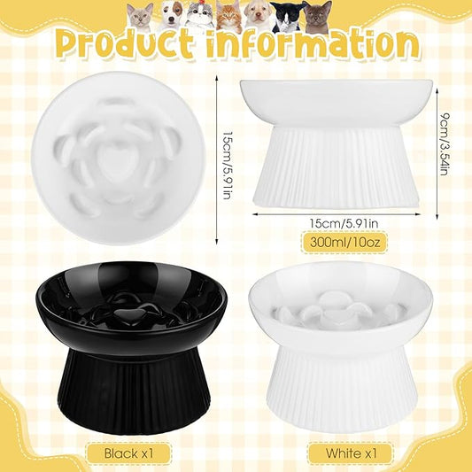 Tioncy 2 Pcs Raised Cat Slow Feeder Bowl Ceramic Elevated Cat Dog Food Bowl No Spill High Edge for Dry Wet Food and Water Easy to Clean, Dishwasher Safe(Black, White)