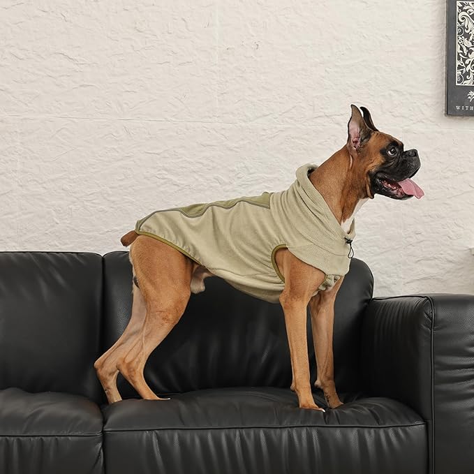 Fleece Dog Sweater - Stretch Warm Dog Fleece Jacket Vest Sweatshirt with Hood, Leash Hole, Sleeveless & Reflective - Soft Pullover Hoodie for Medium Large Dogs, Fall & Winter Walks - Green 5XL