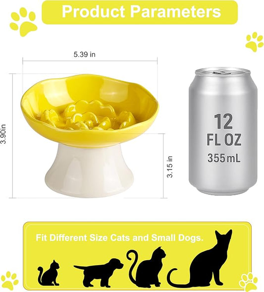 Ceramic Slow Feeder Bowl for Cats and Small Dogs, Elevated Tilted Pet Food Dish, Whisker Friendly Anti-Vomit Design, Heavy Stable Base, Dishwasher Safe, 5 Colors Options (Lemon Yellow)