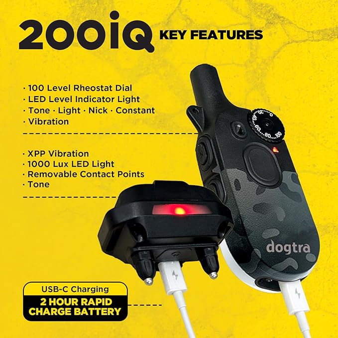 Dogtra 200iQ Remote Training E Collar – 100 Levels, Tone, Vibration, 1/2 Mile Range – Compact, Waterproof, One-Handed Control for Dogs 10 lbs+ – Lightweight Design for Daily Training – Black Leopard