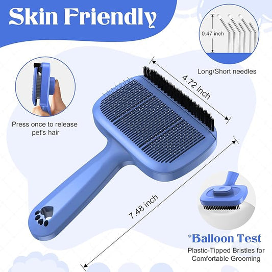 Self Cleaning Dog Brush for Shedding - Bristle Brush and Long/Short Needles Design, Skin Friendly, Slicker Deshedding Dog Brush, Hair Removal for Long & Short Haired Pets (Blue)