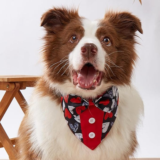 Valentine Dog Tuxedo Bandana with Bow Tie, Adjustable Tuxedo Style Heart Pattern Pet Costume for Dogs, XS to XL