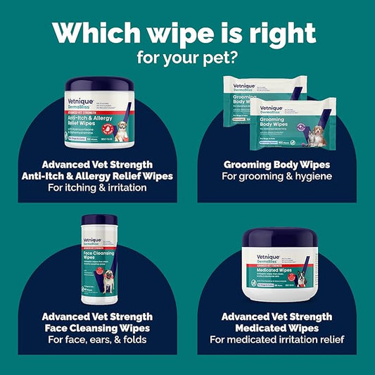 Vetnique Dermabliss 3-in-1 Medicated Dog Wipes - Relief for Itchy Skin, Allergies & Odor Control, Gentle No-Sting Formula, Antihistamine & Hydrocortisone Paw Wipes for Dogs & Cats 50 Count