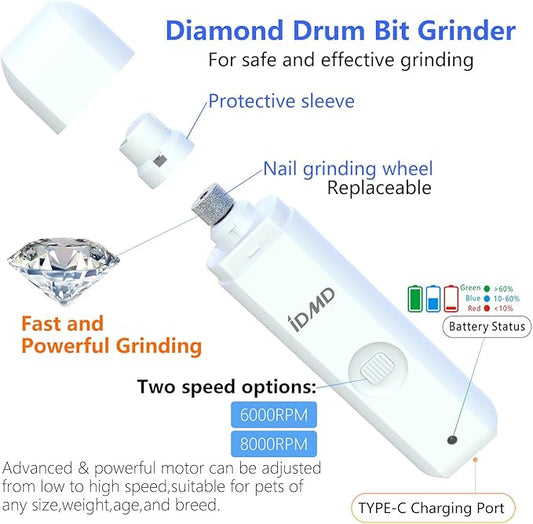 Dog Nail Grinder with Light Dog Nail Trimmers Quiet Powerful 2-Speed Rechargeable Electric Pet Nail Grinder File Toenail Clippers for Large Medium Small Dogs & Cats (White+Charging Cable)