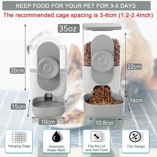 Lemtrflo Hanging Automatic Rabbit Feeder for Cage,Dog Cat Food and Water Dispenser,Rabbit Water Bottle Guinea Pig Food Bowl Set,Gravity Feeder for Cats Dogs (Gray)
