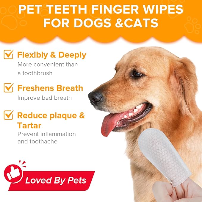 Cat & Dog Teeth Cleaning Wipes, No-Rinse Dental Finger Wipes for Dogs & Cats - Gentle Plaque, Tartar, Stains, Bad Breath, Effective Teeth Cleaner for Dogs & Cats - 60 Count