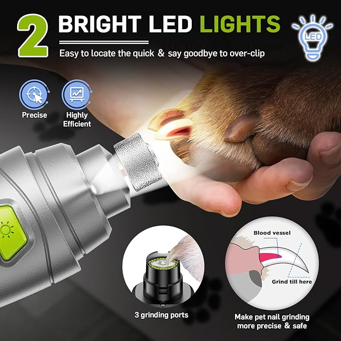Dog Nail Grinder & Clipper 2-in-1 Set - 25dB Ultra Quiet with 3 Grinding Wheels & 2 LED Lights, Rechargeable for Large/Puppy Dogs & Cats, 3-Speed Adjustable for Anxious Pets