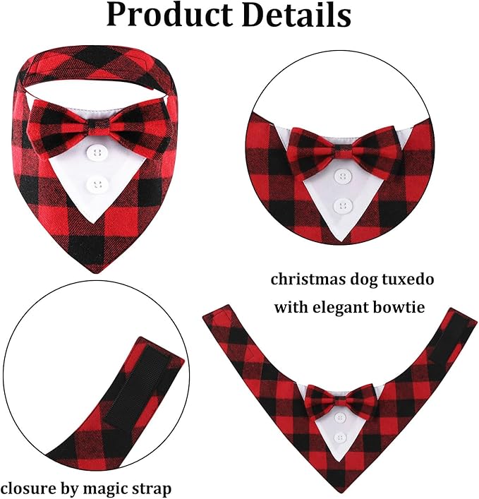 HDGDT Adjustable Red Plaid Christmas Dog Tuxedo Bandana with Bow Tie - Holiday Pet Outfit Costume for Dogs XS to XL