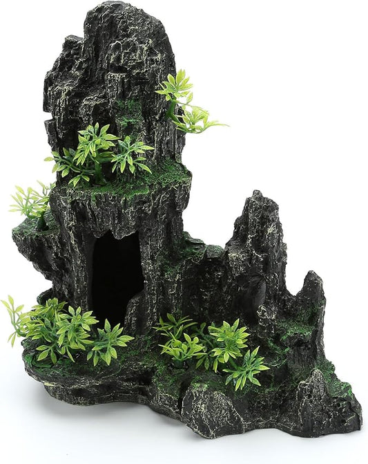 Aquarium Decorations Large Mountain View Stone Ornaments, Fish Tank Decorations Extra Large and Tall Aquarium Decor for Fish Tank Hideout Tree House Rock Cave for Small Fish Betta Hideaway Cave
