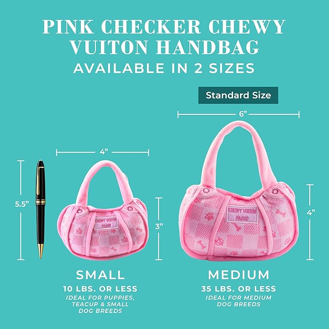 Haute Diggity Dog Pink Checker Chewy Vuiton Handbag, Plush Designer Dog Toys with Interactive Squeaker, Stimulating Pet Enrichment, Machine-Washable & Safe Materials for All Breeds, Size Small