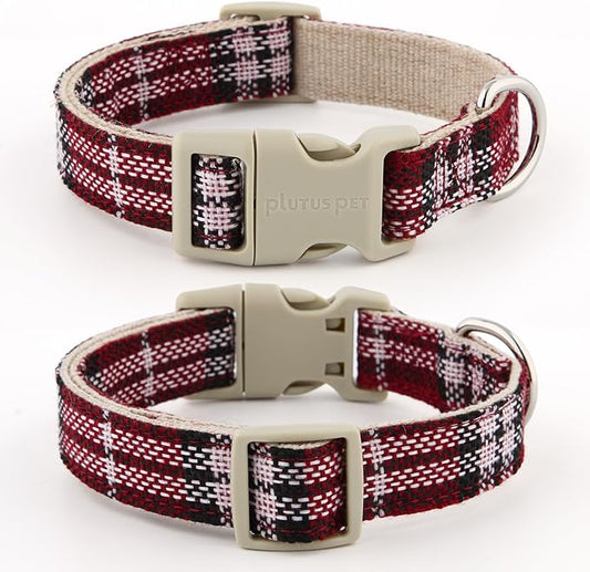 Plutus Pet Cotton Hemp Dog Collar and Leash Set, Adjustable Collar for Small, Medium, and Large Dogs, Heavy Duty and Soft on Skin, Red Plaid, L