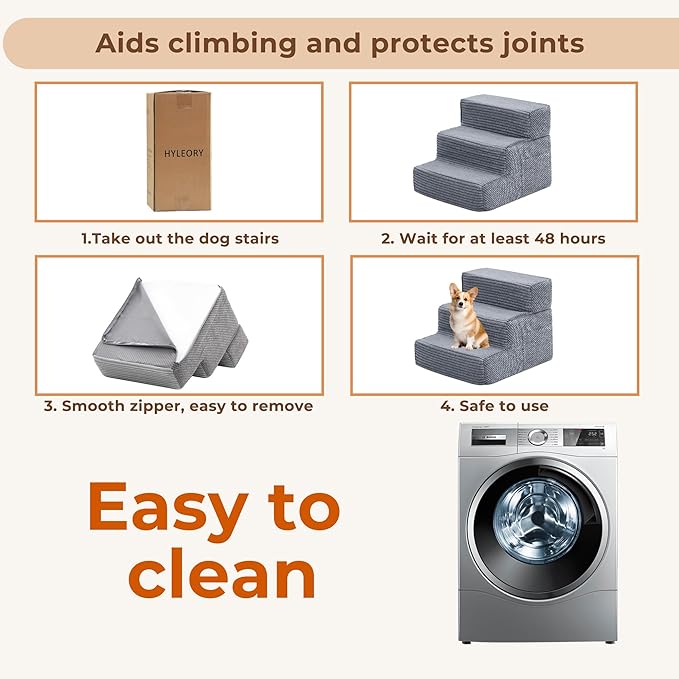 HYLEORY Dog Stairs for Bed 13.5''H, 3-Step Pet Stairs for Small Dogs & Cats, Sturdy Pet Steps with Non-Slip Bottom, Functional Portable Dog Ramp for Couch/Chair/Sofa/Car, with Storage Pocket, Grey