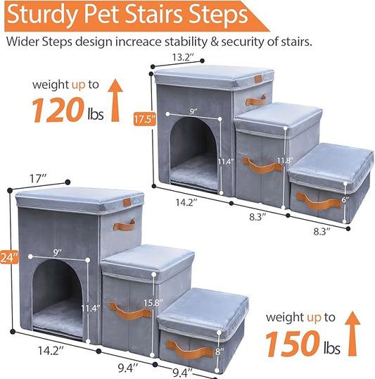 24" H Dog Stairs for High Beds Up to 32" H - Pet Steps for Small Medium or Large Dogs, Foldable Cat Stairs with Storage & Condo, 3-Step Pet Stairs for Couch & Window Sill, Hold Up to 150Lbs