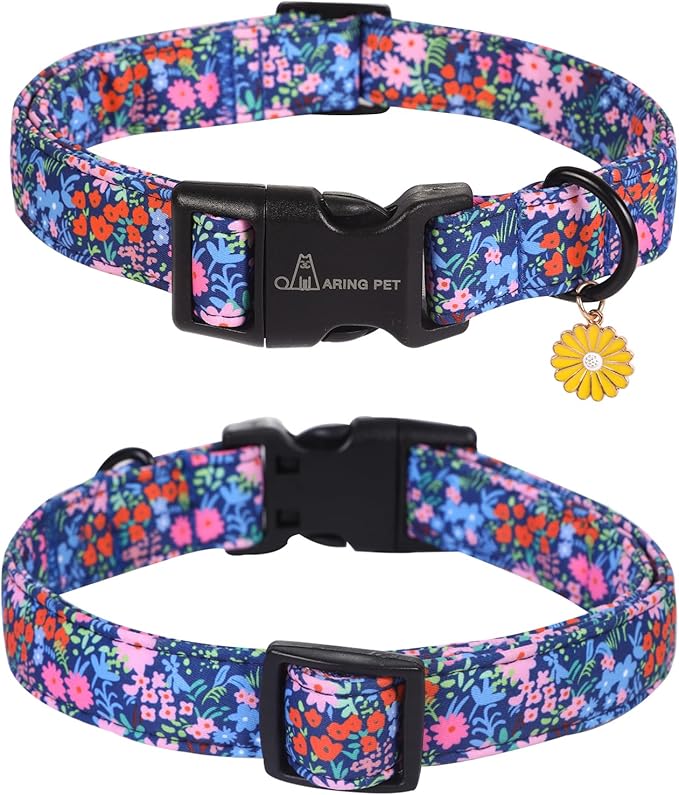 ARING PET Floral Dog Collar, Cute Blue Pink Orange Flower Pet Collars for Puppy Small Medium Large Boy Girl Dogs-L